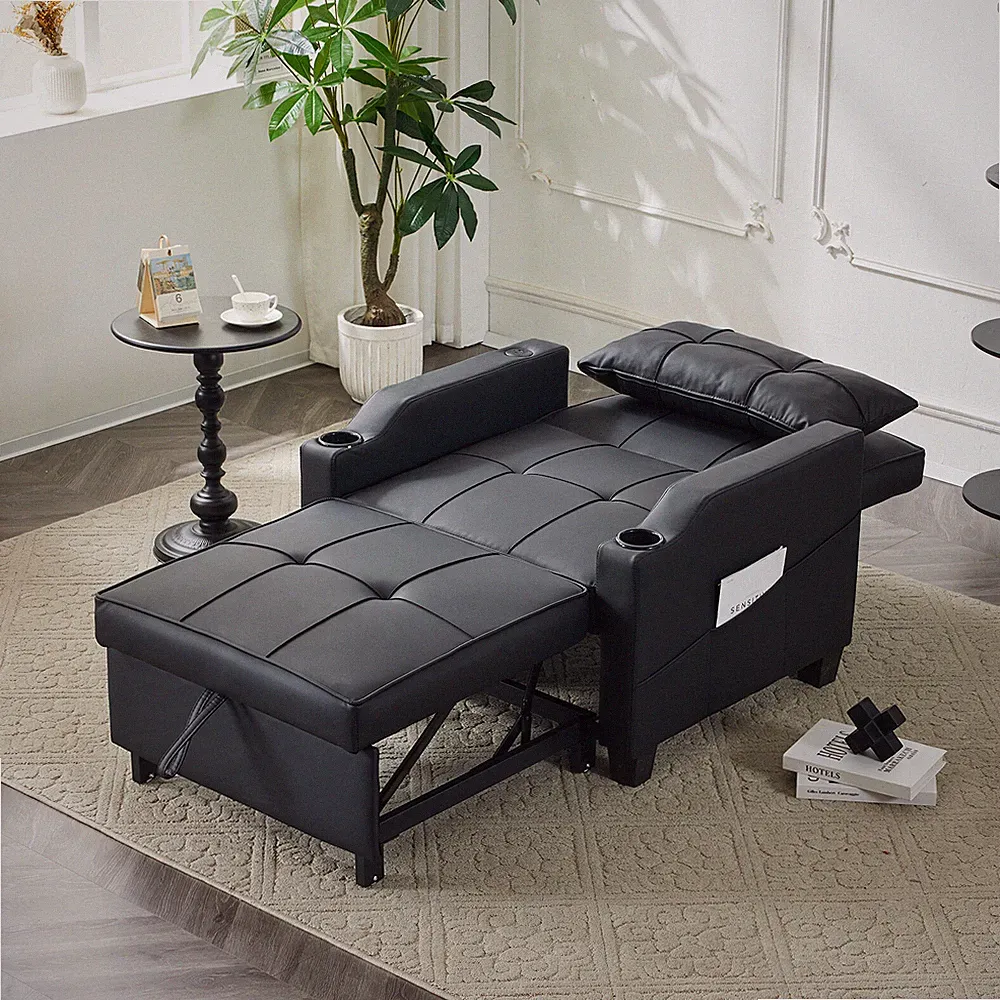 Adjustable Sofa Bed 3-in-1 Pull Out Sleeper Chair with Type C & USB Ports Black