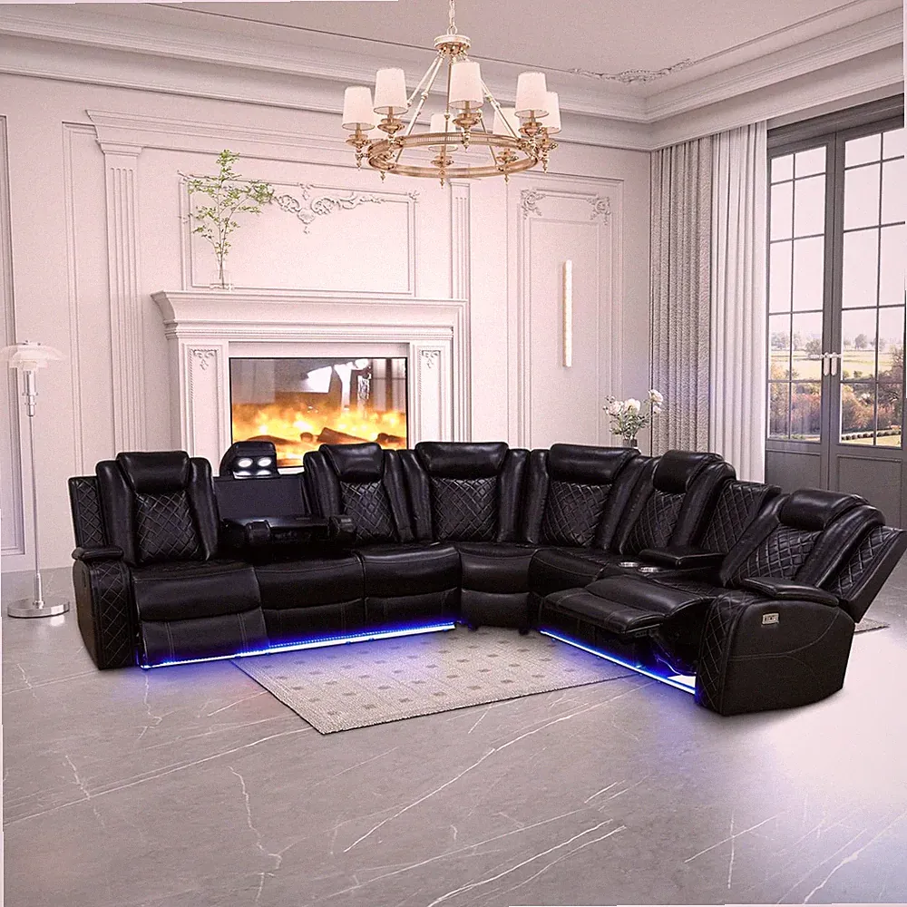 Black LED Power Recliner Sectional Sofa with USB Port & Cup Holder