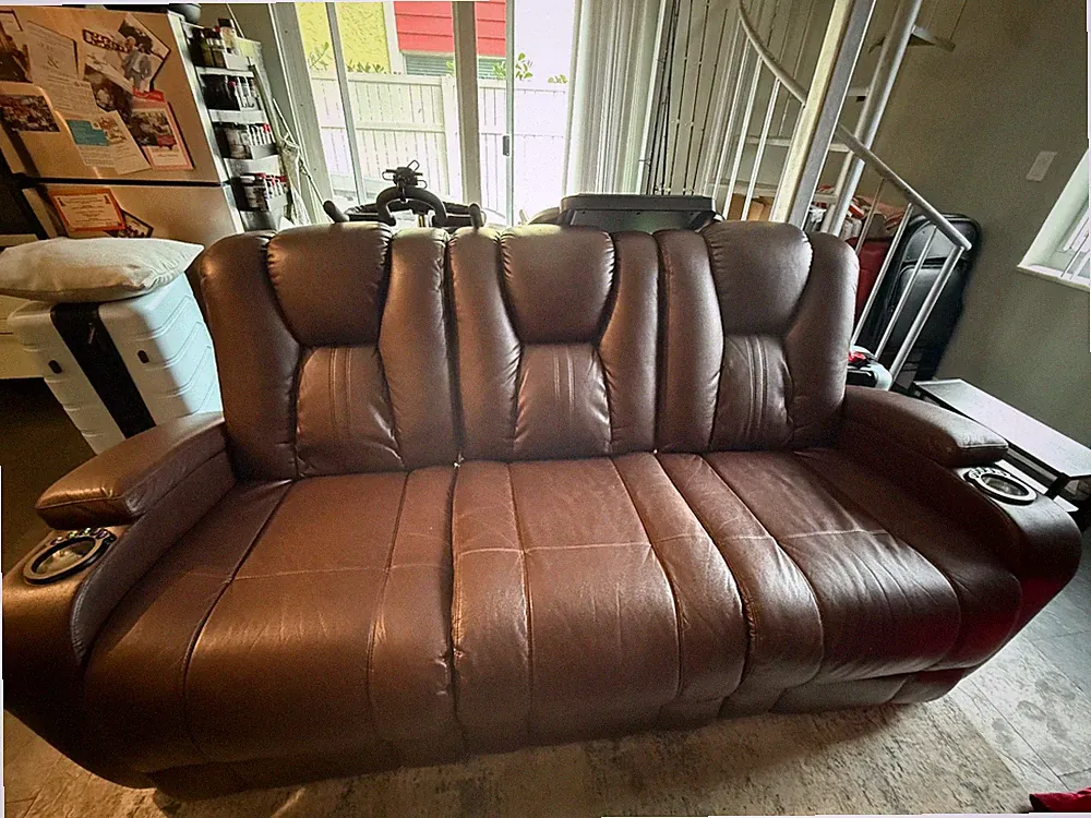 Brown Leather 3-Seat Reclining Sofa w/ Built-In Cup Holders
