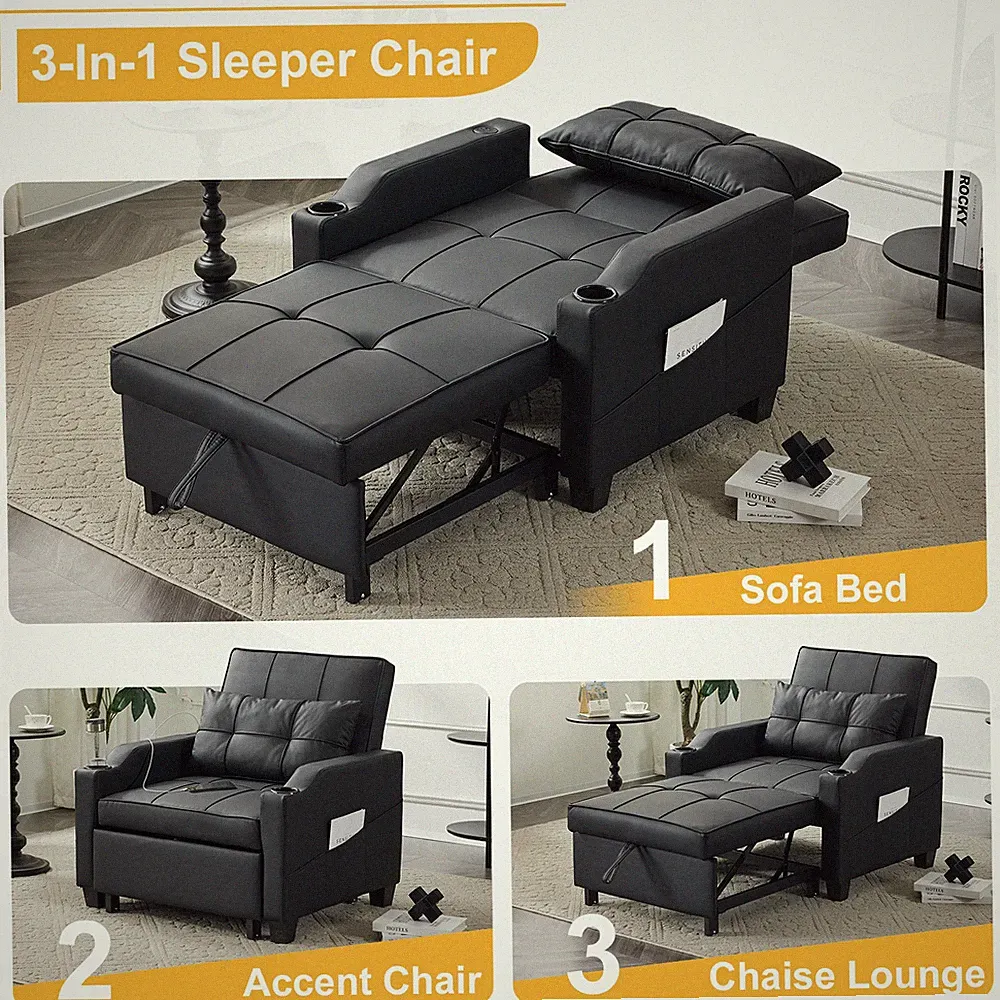 Convertible Sleeper Chair 3-in-1 Sofa Bed with Adjustable Design with USB Port