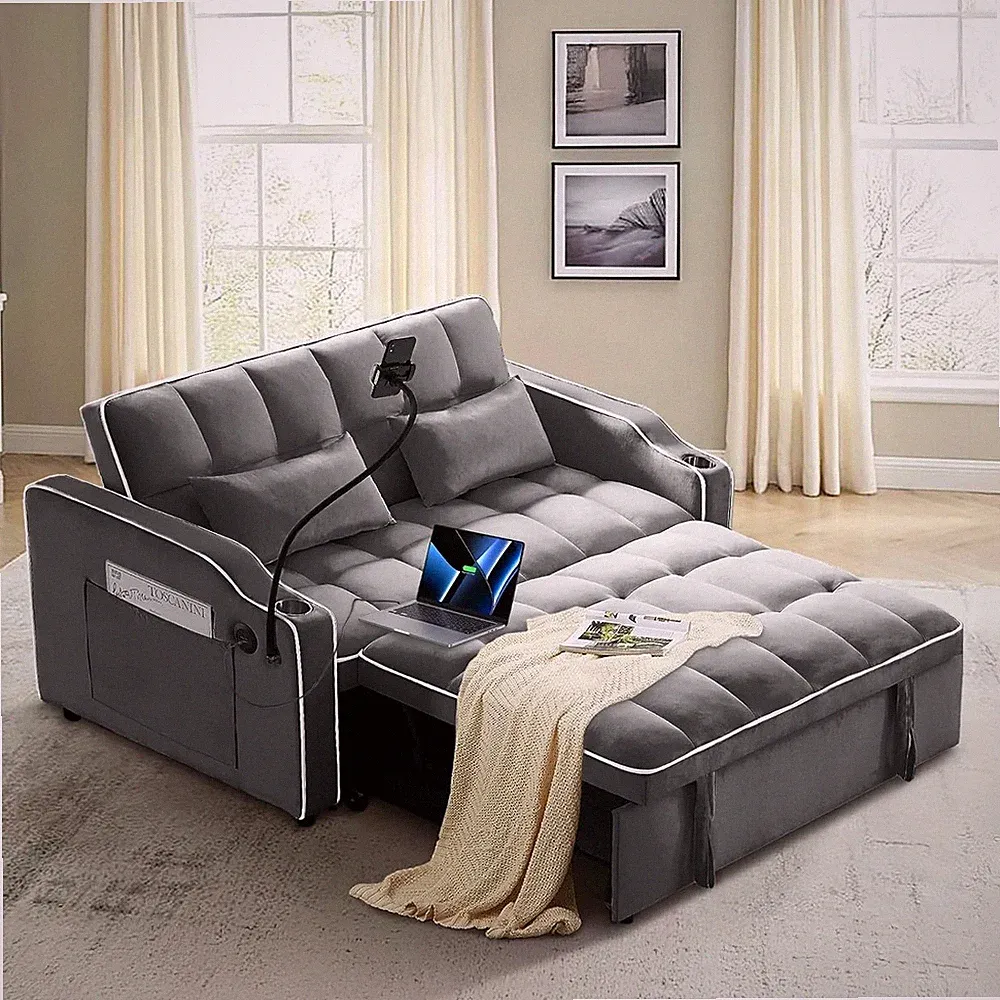 Convertible Sofa Bed Sleeper Couch Pull Out Bed with Cup Holder & USB Interface