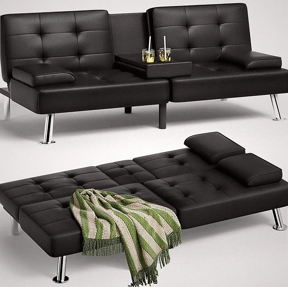 Faux Leather Sofa Bed Convertible Futon Sofa with 2 Throw Pillows Cup Holders